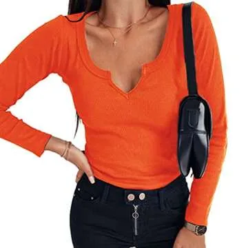 Roselux Women V Neck Ribbed Long Sleeve Shirt Fitted Basic Henley Knit Top Orange L