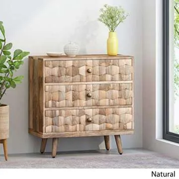 Great Deal Furniture GDFStudio Mid-Century Modern Mango Wood 3 Drawer Chest, Natural