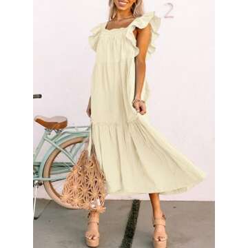 Dokotoo Linen Dresses for Women 2024 Summer Dresses Cute Ruffle Hemline Skirt Off Shoulder Maxi Dres...