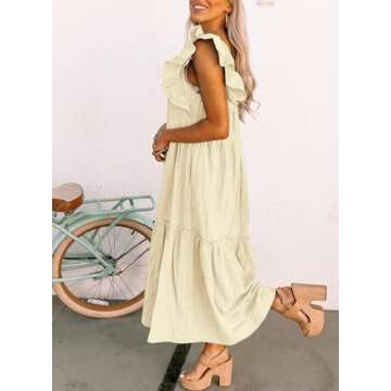 Dokotoo Linen Dresses for Women 2024 Summer Dresses Cute Ruffle Hemline Skirt Off Shoulder Maxi Dress Casual Beach Dresses Beige