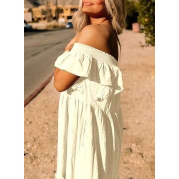 Dokotoo Linen Dresses for Women 2024 Summer Dresses Cute Ruffle Hemline Skirt Off Shoulder Maxi Dress Casual Beach Dresses Beige