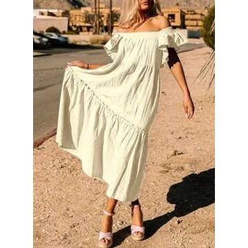 Dokotoo Linen Dresses for Women 2024 Summer Dresses Cute Ruffle Hemline Skirt Off Shoulder Maxi Dress Casual Beach Dresses Beige