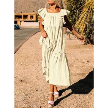 Dokotoo Linen Dresses for Women 2024 Summer Dresses Cute Ruffle Hemline Skirt Off Shoulder Maxi Dress Casual Beach Dresses Beige