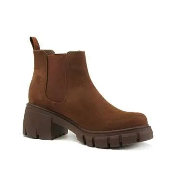 Soda PIONEER ~ Women Lug Sole Mid Heel Chelsea Fashion Ankle Bootie w/Double Elastic Gore (8, D-CHESTNUT IMIT SUEDE, numeric_8)