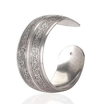 BODYA Tibeten Silver Carved Spiral Flower Connecting Branches Pattern Wide Band Open Cuff Bracelet Bangle for Adult