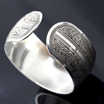 BODYA Tibeten Silver Carved Spiral Flower Connecting Branches Pattern Wide Band Open Cuff Bracelet Bangle for Adult