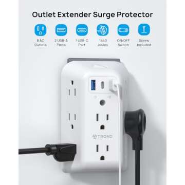 TROND Outlet Extender Surge Protector, 8 Outlet Splitter with 3 USB Ports(1 USB C), 1440J Electric P...