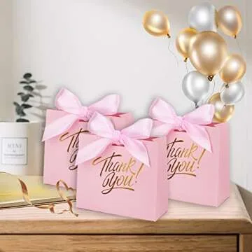 KPOSIYA Small Gift Bags, 50 Pack Small Thank You Bags 4.5x1.8x3.9 Inches Party Favor Bags Pink Paper Gift Bags Candy Bags with Bow Ribbon,Mini Gift Bags for Wedding Baby Shower Birthday Bridal