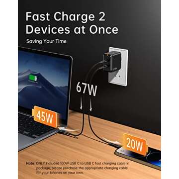 SELORE USB C Charger, 67W 2 Ports GaN Fast Charger Block, Compact Foldable Wall Charger with 100W Type C Charger Cable for MacBook Pro/Air, iPhone 15 14, Apple Watch, iPad Pro, Galaxy S23, Pixel etc