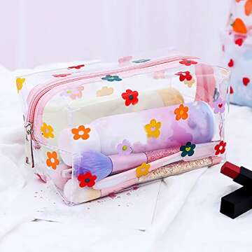 ASkinds Clear Cosmetic Bag Cute Cartoon Flower Cosmetic Bag Waterproof Transparent Makeup Bag Portable Storage Bag Travel Toiletry Organizer Pouch for Women