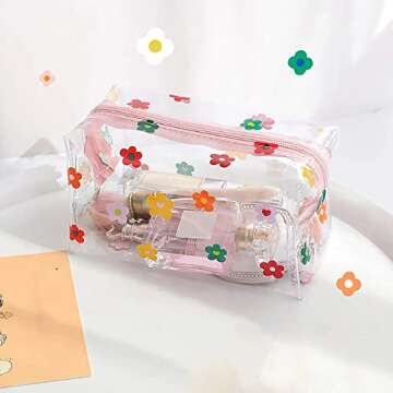 ASkinds Clear Cosmetic Bag Cute Cartoon Flower Cosmetic Bag Waterproof Transparent Makeup Bag Portable Storage Bag Travel Toiletry Organizer Pouch for Women
