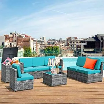 HAPPYGRILL 8-Pieces Patio Furniture Set Outdoor Rattan Conversation Set with Storage Box Sectional Wicker Sofa Set with Coffee Table and Cushions for Garden Backyard