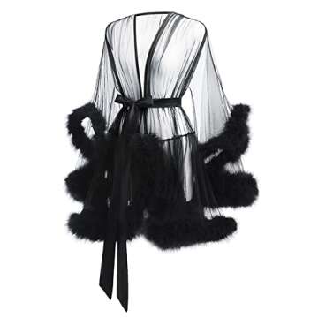 OhMill Women's Tulle Robe Feather Robe Sexy Lingerie Transparent Nightgown Boudoir Bathrobe Nightgow...