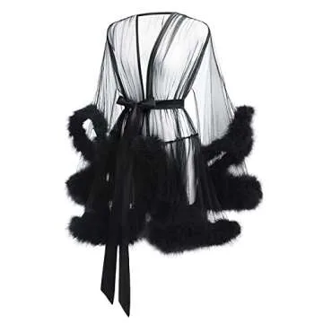 OhMill Women's Tulle Robe Feather Robe Sexy Lingerie Transparent Nightgown Boudoir Bathrobe Nightgow...