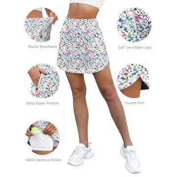 LouKeith Golf Skirts for Women Tennis Skirt with Zipper Pockets High Waisted Running Casual Athletic Skorts Built-in Shorts Boho Flowers L