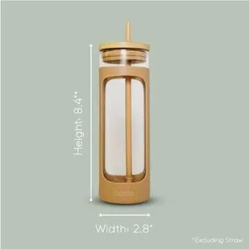 haelo 20oz Glass Tumbler Water Bottle, Iced Coffee Cup with Straw, Silicone Protective Sleeve, Bamboo Lid Reusable BPA Free (Dune)