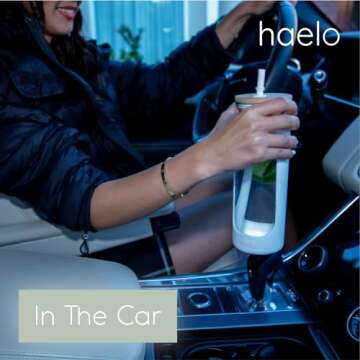 haelo 20oz Glass Tumbler Water Bottle, Iced Coffee Cup with Straw, Silicone Protective Sleeve, Bamboo Lid Reusable BPA Free (Dune)