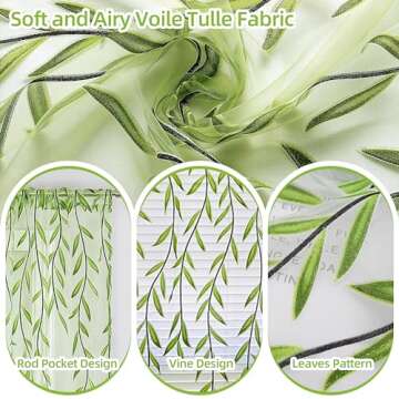 BROSHAN Green Sheer Window Curtains-Pocket Design Sheer Curtains Pretty Vine Curtains 2 Panels Leaf Pattern Curtain Sheers Voile Sheer Window Curtain Panels for Kids Bedroom Living Room Nursery