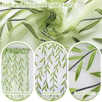 BROSHAN Green Sheer Window Curtains-Pocket Design Sheer Curtains Pretty Vine Curtains 2 Panels Leaf Pattern Curtain Sheers Voile Sheer Window Curtain Panels for Kids Bedroom Living Room Nursery