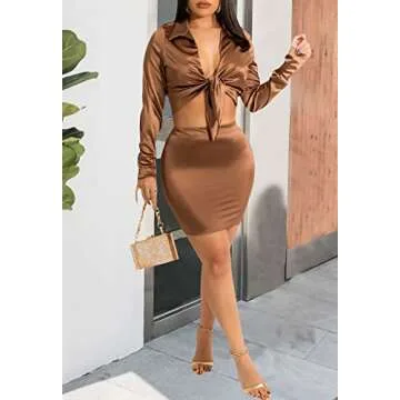 Women's Club Night Out Dress-Sexy Long Sleeve 2 Piece Outfits Tie Front Crop Top and Mini Bodycon Skirt Set
