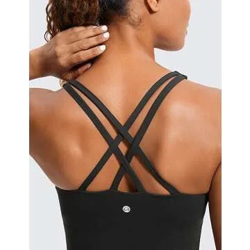 CRZ YOGA Womens Butterluxe Strappy Longline Sports Bra - Padded Criss Cross Yoga Workout Crop Tank Tops Black Small