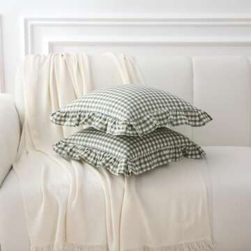 K MASANIJI 2 Pack Sage Green White Plaid Ruffle Throw Pillow Covers 18x18 inches, 100% Cotton Gingham Checkered Farmhouse Decorative Pillow Shams for Bed/Sofa (18x18 inches, Sage Green/White Plaid)