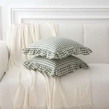 K MASANIJI 2 Pack Sage Green White Plaid Ruffle Throw Pillow Covers 18x18 inches, 100% Cotton Gingham Checkered Farmhouse Decorative Pillow Shams for Bed/Sofa (18x18 inches, Sage Green/White Plaid)