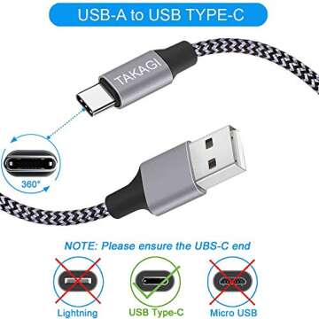 TAKAGI USB to USB C Cable (3Pack 6ft) USB A to Type C Cable Fast Charging Nylon Braided Data Sync Tr...