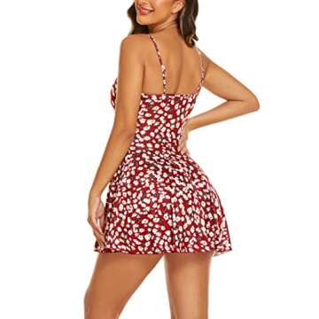 ADOME Floral Dress for Women Sexy Spaghetti Strap Club Party Dress Ruffle Hem Slip Dress (Wine Red F...