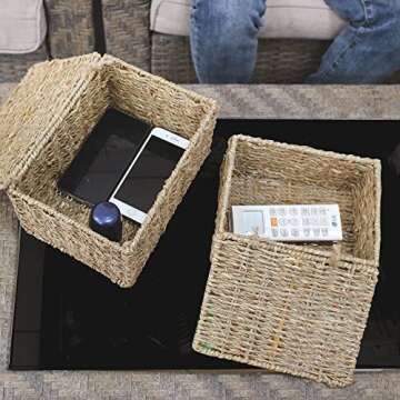 MadeTerra Small Nesting Wicker Cube Storage Boxes with Lids and Metal Steel Frame, Set of 2 Straw Wi...