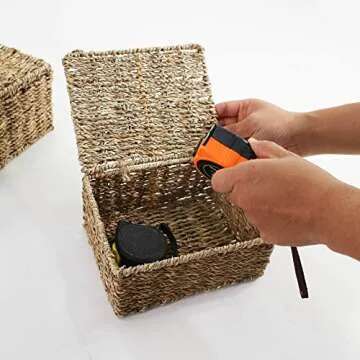 MadeTerra Small Nesting Wicker Cube Storage Boxes with Lids and Metal Steel Frame, Set of 2 Straw Wire Woven Square Storage Basket Organiser for Home, Kids, Toys, Small Items