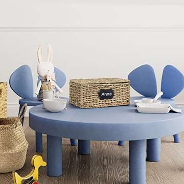 MadeTerra Small Nesting Wicker Cube Storage Boxes with Lids and Metal Steel Frame, Set of 2 Straw Wire Woven Square Storage Basket Organiser for Home, Kids, Toys, Small Items