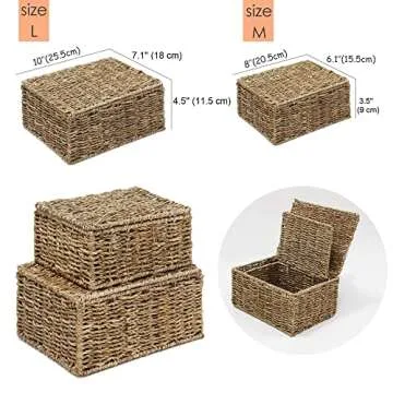 MadeTerra Small Nesting Wicker Cube Storage Boxes with Lids and Metal Steel Frame, Set of 2 Straw Wire Woven Square Storage Basket Organiser for Home, Kids, Toys, Small Items