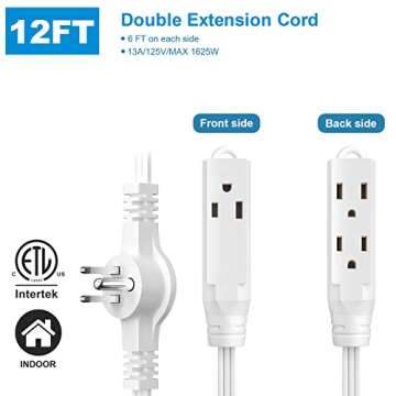 Twin Extension Cord Power Strip - 12 Feet with 6 Outlets for Indoor Use - 16AWG Grounded Plug with F...