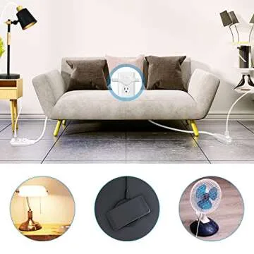 Twin Extension Cord Power Strip 12 Feet 6 Outlets Indoor