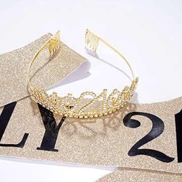 21st Birthday Decorations for Her, Birthday Sash & Tiara Set, Happy Birthday Gifts, Birthday Sash and Crown for Women, 21 Birthday Girl Party Supplies (Gold Glitter with Black Lettering)