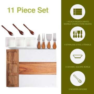 Charcuterie Board Set Acacia Wood and Marble - 11 Piece Cheeseboard Serving Platter - Unique Housewa...