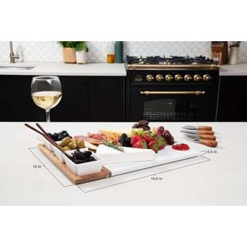 Charcuterie Board Set Acacia Wood and Marble - 11 Piece Cheeseboard Serving Platter - Unique Housewarming Gift Appetizer Tray with Accessories - Includes Utensils, Knives, Ceramic Bowls, Wooden Spoons