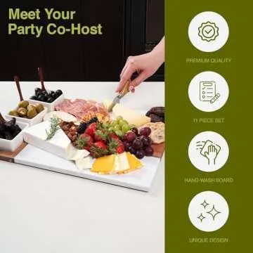 Charcuterie Board Set Acacia Wood and Marble - 11 Piece Cheeseboard Serving Platter - Unique Housewarming Gift Appetizer Tray with Accessories - Includes Utensils, Knives, Ceramic Bowls, Wooden Spoons