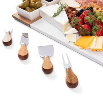 Charcuterie Board Set Acacia Wood and Marble - 11 Piece Cheeseboard Serving Platter - Unique Housewarming Gift Appetizer Tray with Accessories - Includes Utensils, Knives, Ceramic Bowls, Wooden Spoons