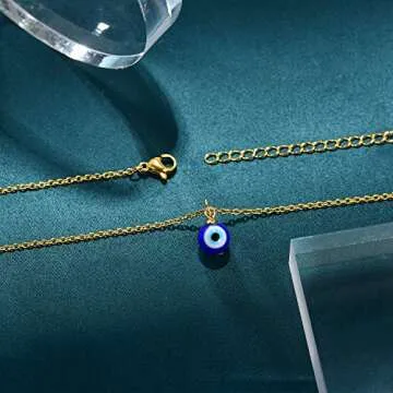 PPJew Evil Eye Pendant Necklace Chain Blue Eyes Luck Amulet Delicate Ojo Turco Kabbalah Necklace Christmas Stocking Stuffers for Women Mother (Gold)