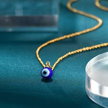 PPJew Evil Eye Pendant Necklace Chain Blue Eyes Luck Amulet Delicate Ojo Turco Kabbalah Necklace Christmas Stocking Stuffers for Women Mother (Gold)
