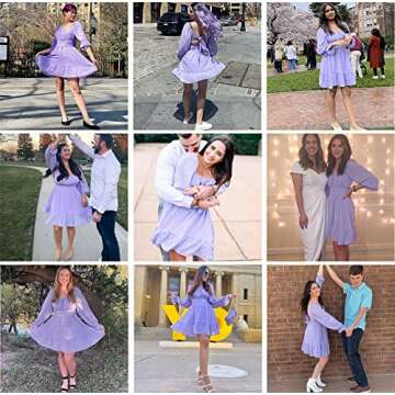 EXLURA Women Tie Back Wedding Guest Dresses Long Lantern Sleeve Square Neck Ruffle Elastic Waist Aline Casual Mini Dress Purple