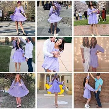 EXLURA Women Tie Back Wedding Guest Dresses Long Lantern Sleeve Square Neck Ruffle Elastic Waist Aline Casual Mini Dress Purple