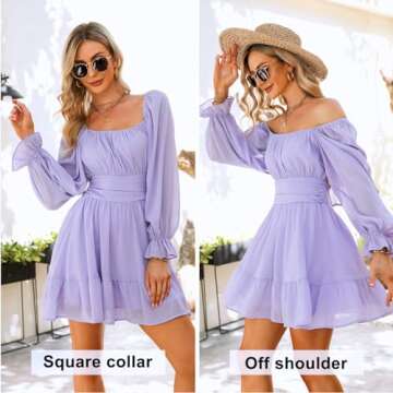 EXLURA Women Tie Back Wedding Guest Dresses Long Lantern Sleeve Square Neck Ruffle Elastic Waist Aline Casual Mini Dress Purple