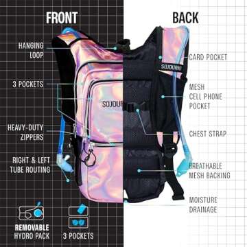 SOJOURNER Rave Hydration Pack Backpack - 2L Water Bladder Included for Festivals, Raves, Hiking, Biking, Climbing, Running and More (Medium) (Holographic - Pink)