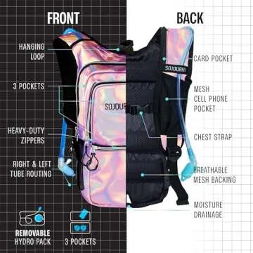 SOJOURNER Rave Hydration Pack Backpack - 2L Water Bladder Included for Festivals, Raves, Hiking, Biking, Climbing, Running and More (Medium) (Holographic - Pink)