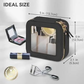 Prite Mini Clear Makeup Bag for Purse Cute Small Travel Cosmetic Bag for Women Waterproof Toiletry Bag Leather Makeup Pouch with Gold Zipper(Black)