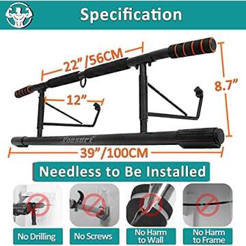 KOMSURF Pull up Bar Doorway, Door Pullup Chin up Bar Home, Multifunctional Portable Dip bar Fitness, Exercise Equipment Body Gym System No Screws Trainer