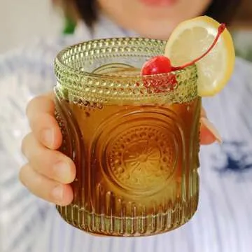 Kate Aspen Retro Arch Floral Green Drinking Glasses Set of 6-10 oz Vintage Beaded Glassware, Perfect for Water, Cocktail, Juice